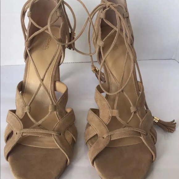 New MK Michael Kors Leather Suede Pumps Gladiator Lace Brown Women Shoes 10 - Picture 1 of 12